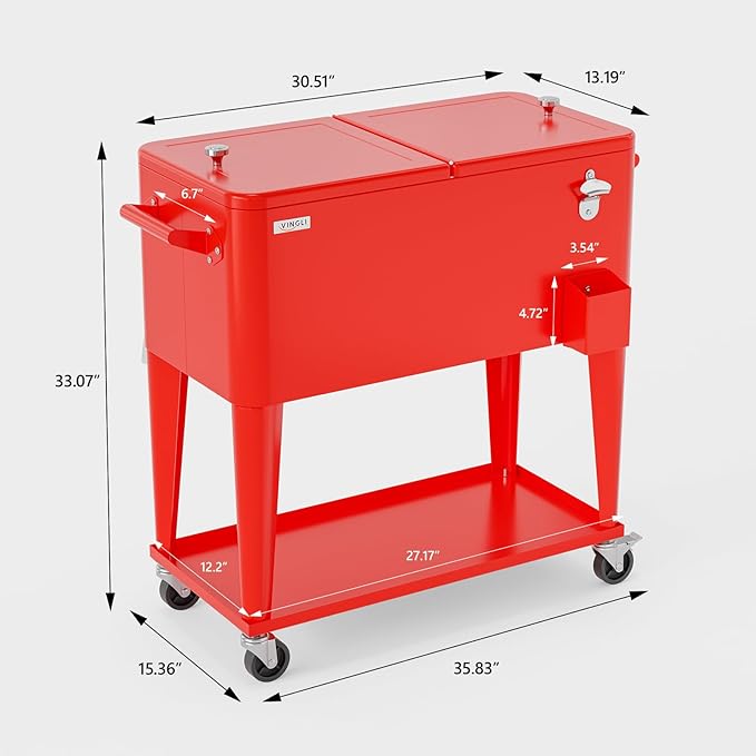 VINGLI 80 Quart Rolling Ice Chest, Portable Patio Party Bar Drink Cooler Cart, with Shelf, Beverage Pool with Bottle Opener