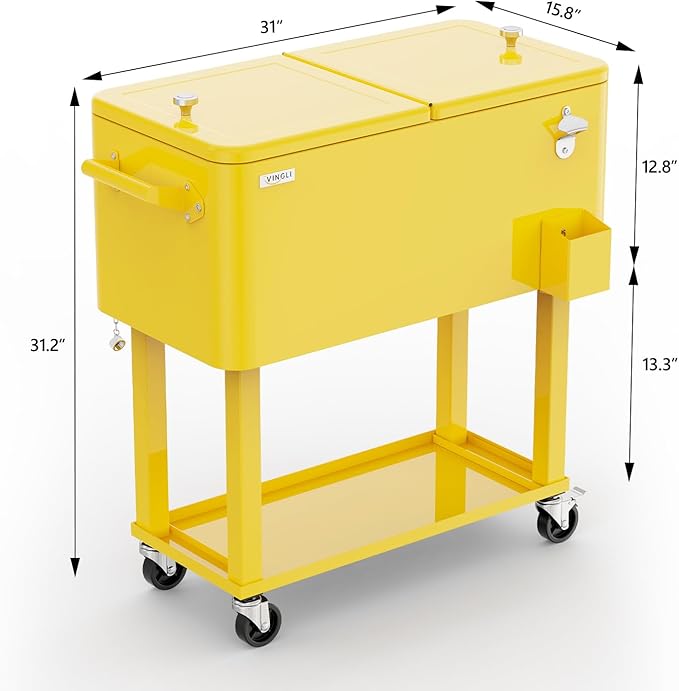 VINGLI 80 Quart Rolling Ice Chest, Portable Patio Party Bar Drink Cooler Cart, with Shelf, Beverage Pool with Bottle Opener