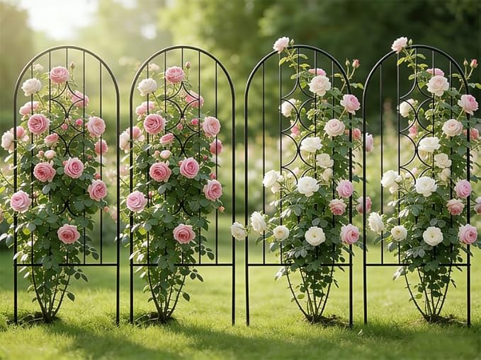 4 Pack Arched Metal Garden Trellis for Climbing Plants 45" H x 15.9" W, Rustproof Iron Trellis with Decorative Scrollwork, Perfect for Roses, Vines, and Flower Beds