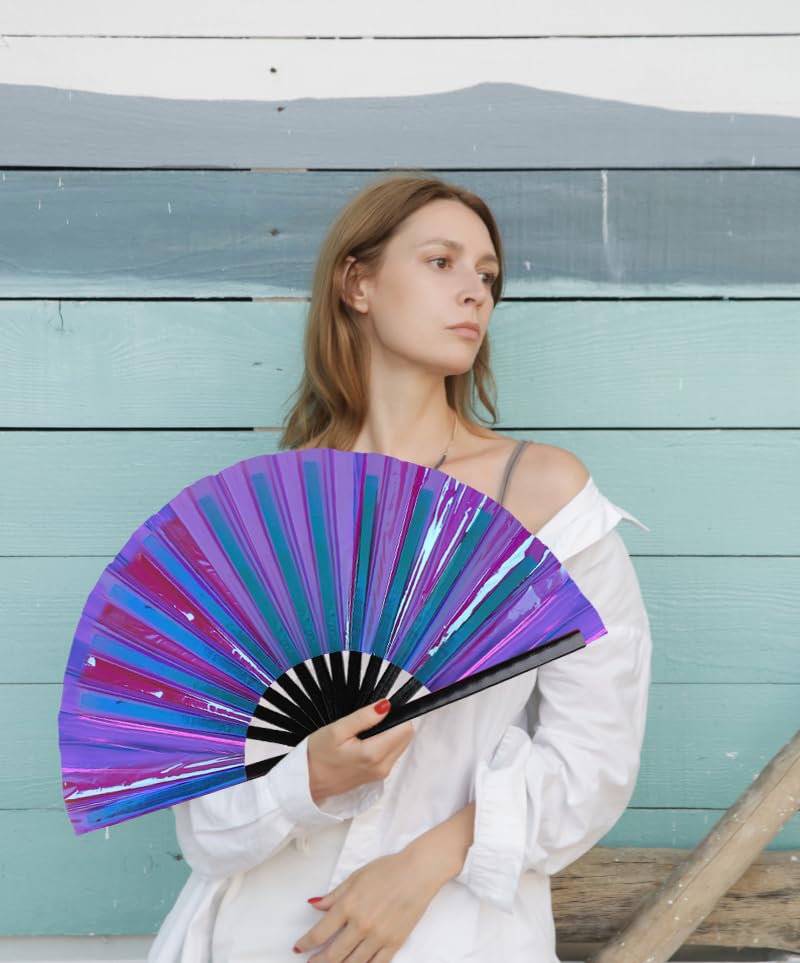 Large Holographic Folding Hand Fan for Line Dance (Purple)