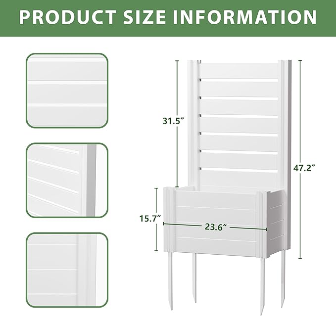 Casaphoria Raised Garden Bed with Trellis, 47"x24"x16" Planter Box with Open Bottom for Gardening Vegetables & Vines and Climbing Plants, White