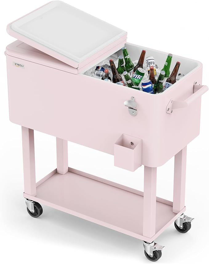 VINGLI 80 Quart Rolling Ice Chest, Portable Patio Party Bar Drink Cooler Cart, with Shelf, Beverage Pool with Bottle Opener