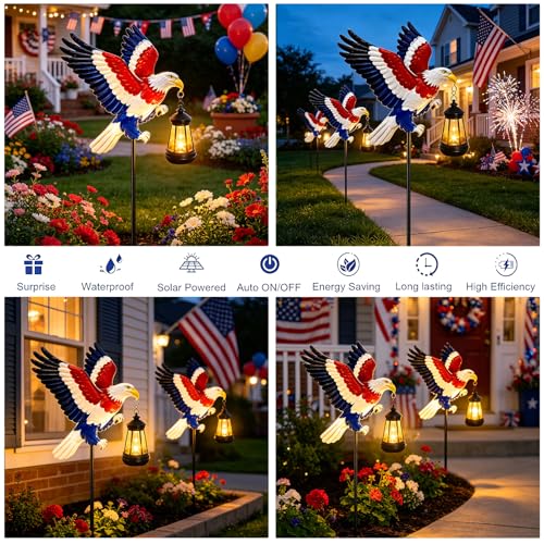4th of July Decorations 250th anniversary 2 Pack Bald Eagle Solar Garden Lights Outdoor Waterproof