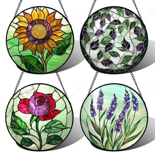 Stained Glass Window Hanging 4 Pcs Set Red Roses Yellow Sunflowers 7.8" (4-piece Green Set / 7.8x7.8 IN)