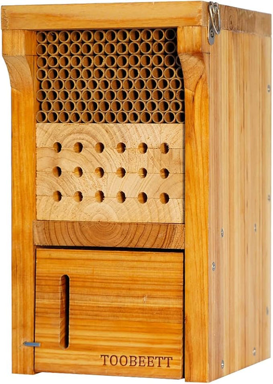 Mason Bee House Wax Coated Mason Bee Hive Wooden Insect Hotel Carpenter Bee House for Outdoors Attracts Peaceful Bee Pollinators to Your Garden