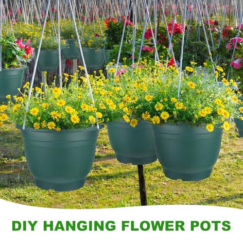 12 Pcs 12'' Plastic Plant Pots Round Planter Pots with Saucer Tray Seedling Pot Hole Seed Resin Plant Pot Starting Nursery Flower Container with Pallet for Garden Outdoor Indoor (Green / 12'')