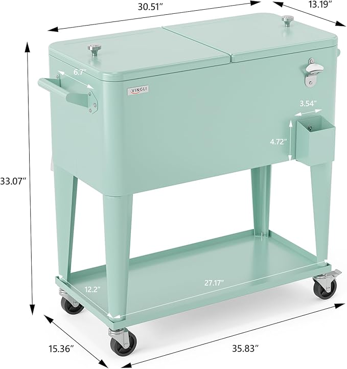 VINGLI 80 Quart Rolling Ice Chest, Portable Patio Party Bar Drink Cooler Cart, with Shelf, Beverage Pool with Bottle Opener