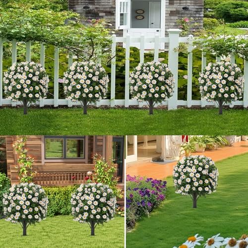 2 Pack Artificial Boxwood Topiary White Mum Flowers 24 UV Resistant Outdoor (Boxwood-daisy)