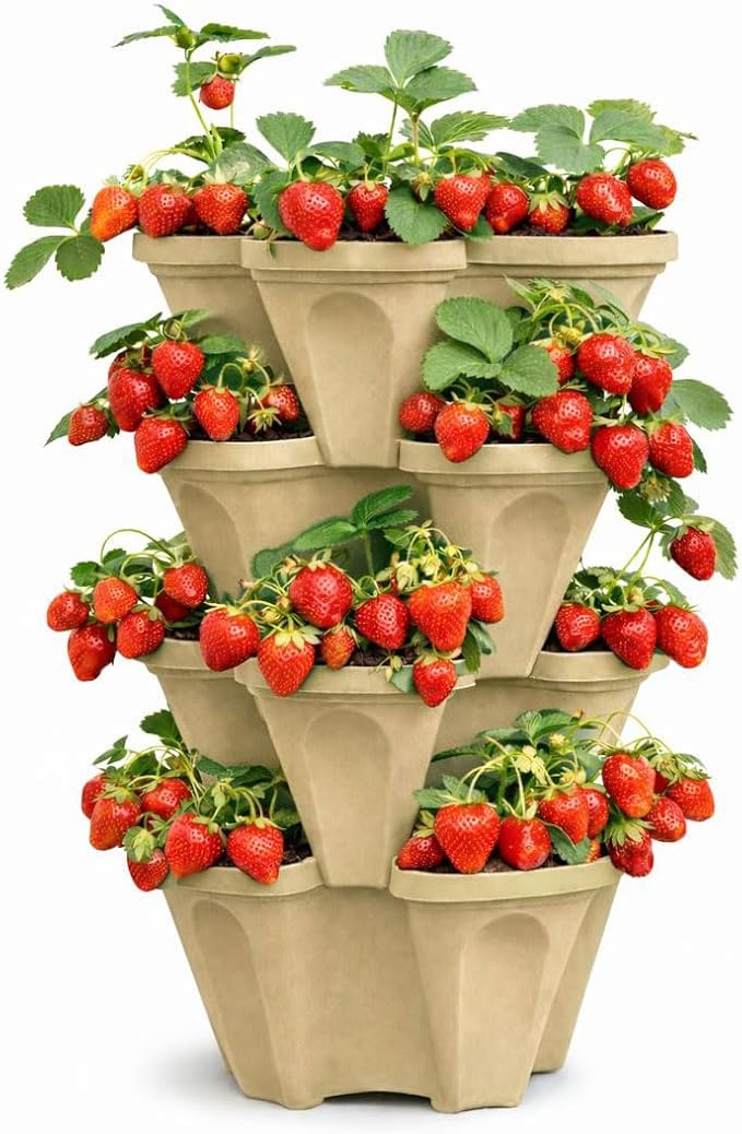 Vertical Garden Planter 4 Tier Stackable System 16 Plants, Space Saving Herb, Strawberry & Food Crop Planter with Center Support Hole for Indoor Outdoor Gardening (4, Desert Sand, Large)