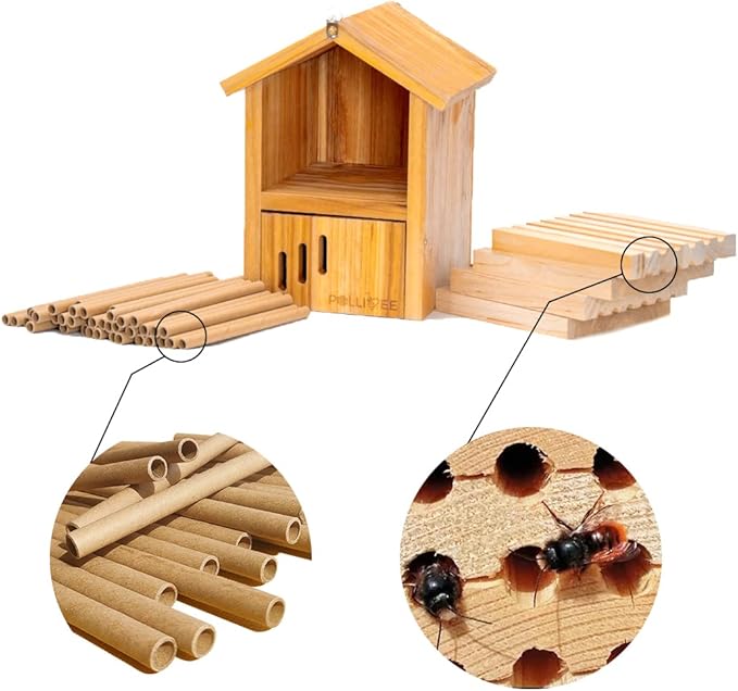 Mason Bee House -Wax Coated Mason House for The Garden, Natural Handmade Wooden Waterproof Mason Home, Attracts Peaceful Bee Pollinators,Native Mason Bee Habitat