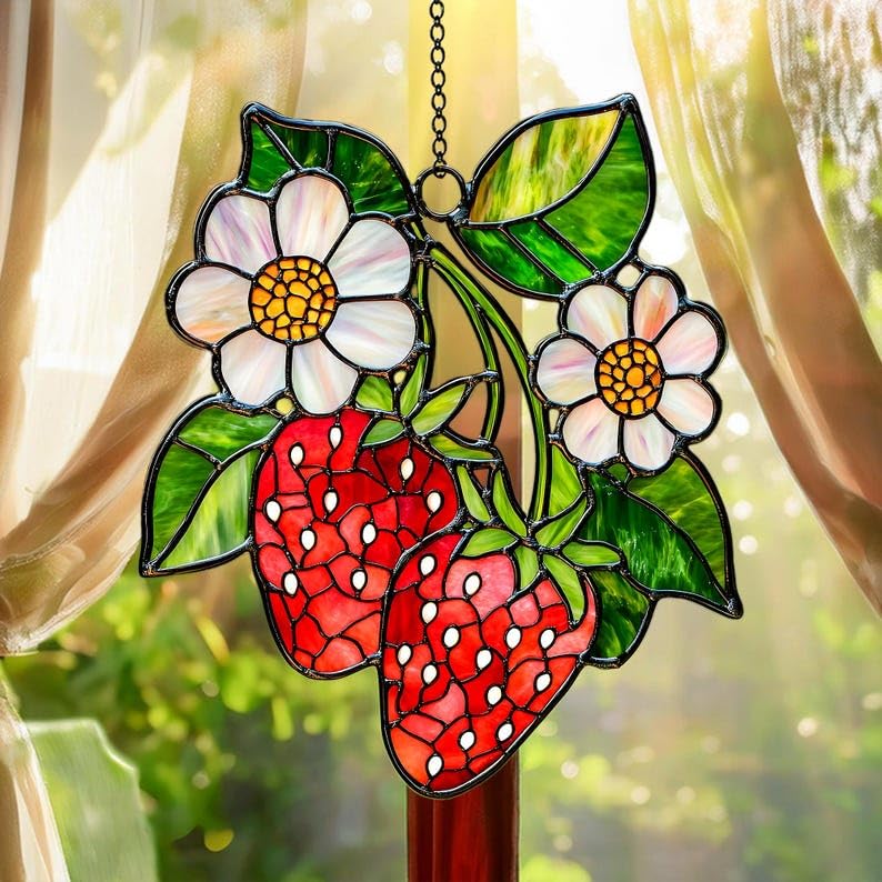 Strawberry Branch Acrylic Suncatcher Window Hanging Floral Home Decor Nature Lover Housewarming Gift (1-fba-cis-evg-a353-o.1 / 5")