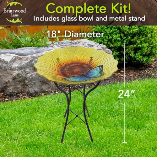 Spring Glass Butterfly and Sunflower Bird Bath Including Metal Stand For Spring Birdbath