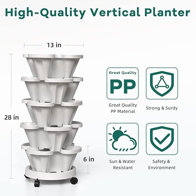 Strawberry Vertical Planter, Stacking Garden Tower, 5 Tiered Stackable Herb Vegetable Planters with Movable Casters and Bottom Saucer Indoor and Outdoor - Black