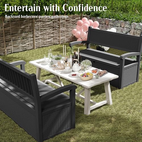 80 Gallon Outdoor Storage Bench Lockable Deck Box Outdoor Storage Box Waterproof for Patio (Black Pattern / 80 Gallon)
