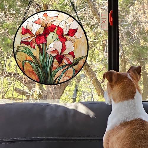 Red Flowers Green Leaves Stained Glass Window Hanging Suncatcher Gifts 7.8" (Red / 7.8x7.8 IN)