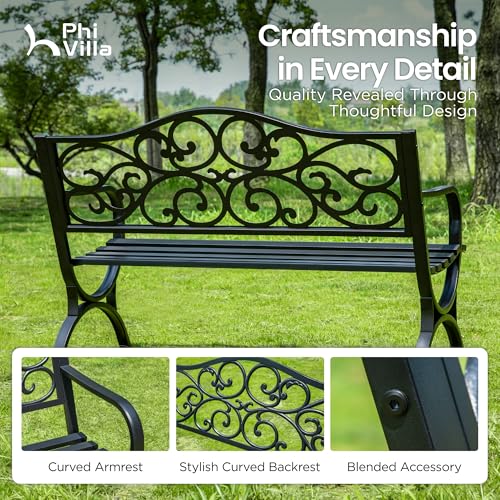 50 Inches Cast Iron Steel Frame Outdoor Garden Bench (Black)