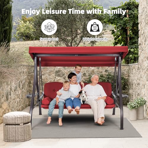 3 Seat Porch Swing with Adjustable Canopy (Wine Red)