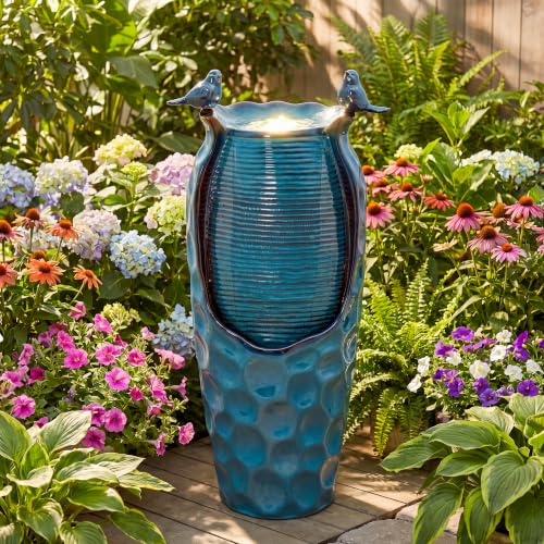 Autodaya 33" Vase Ceramic Outdoor Water Fountain with Lights and Birds (33"h-birds Jar Turquoise Glaze)