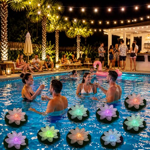 12 PCS Waterproof Floating Lotus Lights (Multicolor+Dragonfly / 5 inch)
