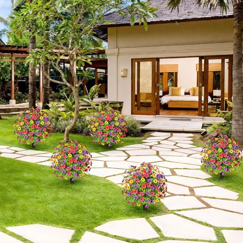 23.6" Artificial Boxwood Topiary Ball Trees with Flowers Set of 2 (Mix)