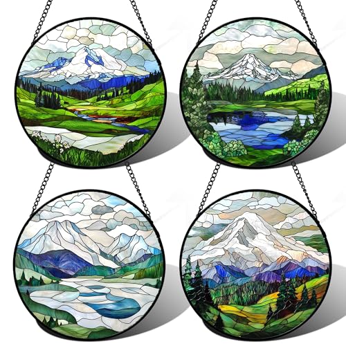 Stained Glass Window Hanging 4 Pcs Set Mountains Lake Green White Landscape 6.3" (4-piece White and Green Set / 6.3x6.3 IN)
