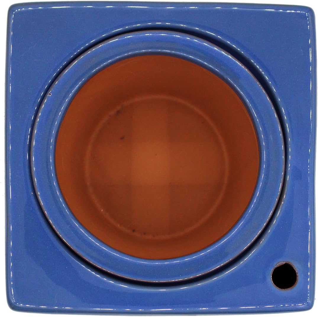 Ceramic African Violet Self Watering Pot 6 Inch Square Pot 3.5 Inch Innter Pot Easy Fill Water Reservoir Blue