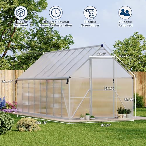 8X16FT Polycarbonate Greenhouse with Aluminum Frame (Silver / 8X16FT)