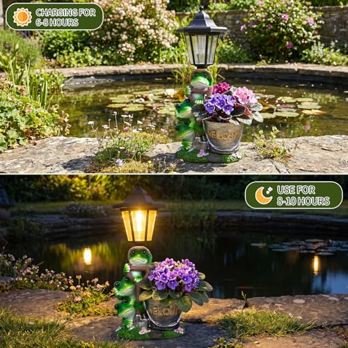 Solar Frog Outdoor Garden Statue with Flowerpot & Lantern (Frog)