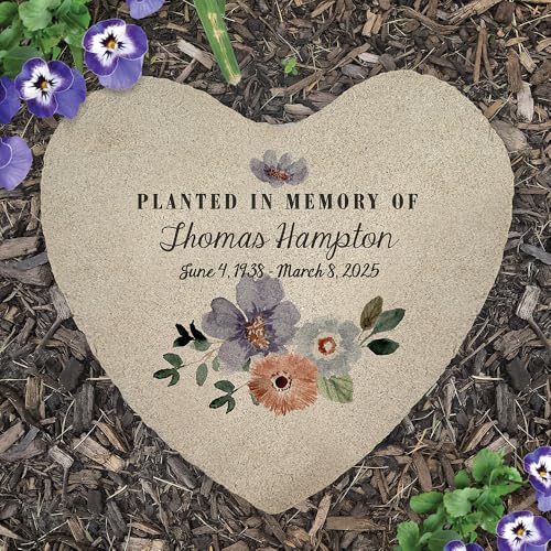 Personalized Heart Memorial Garden Stone with Flowers (Floral Memorial / Heart)