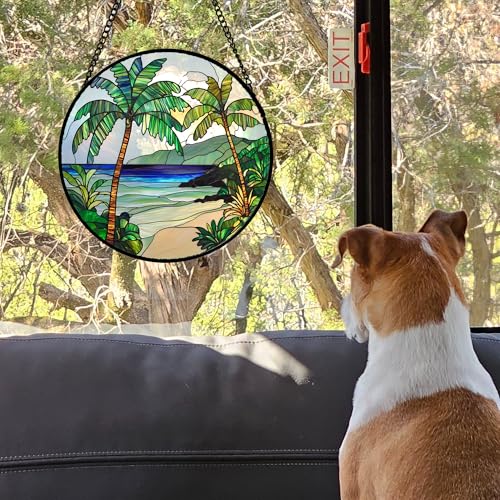 Stained Glass Window Hanging 4 Pcs Set Blue Ocean Coconut Tree Scenery 6.3" (4-piece Set Blue-green / 6.3x6.3 IN)