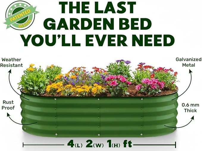 Plant & Plot Galvanized Raised Garden Beds Outdoor // 4×2×1 ft Planter Raised Beds for Gardening, Vegetables, Flowers // Large Metal Garden Box (Olive Green) // Patented Tool-Free Design