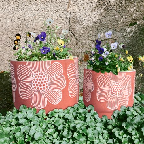 Ceramic Plant Pots (8+6 Inch / Mordern Red Floral)