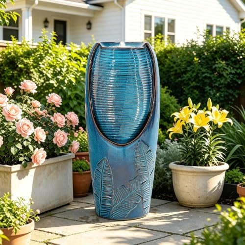 Autodaya 33" H Ceramic Jar Outdoor Water Fountain (32"h-leaf Pattern Teal Blue Glaze)