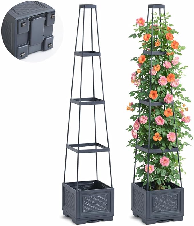 2PCS Raised Garden Bed Rolling Tomato Planter with Trellis, 57" Self-Watering Tomato Cage Planters Box for Climbing Plants Vegetable Flower Patio Garden Balcony Outdoor & Indoor (with Wheels)