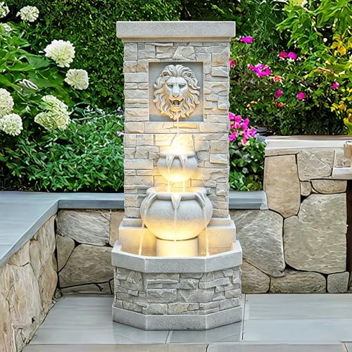 42'' Lion Head Outdoor Water Feature Fountain for Garden with Lights (White Lion 42in)
