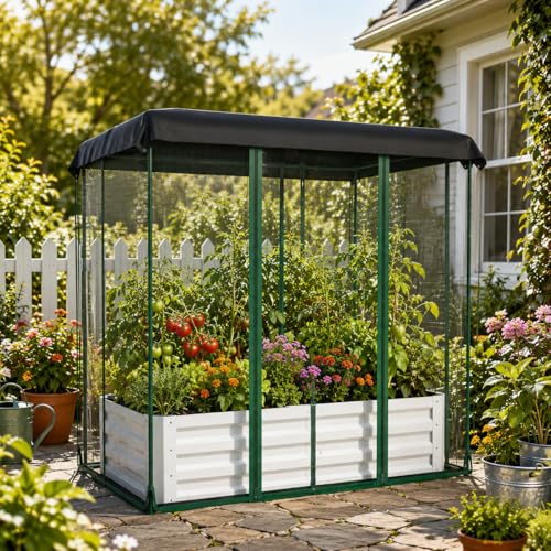 Galvanized Raised Garden Bed with Self Watering System & Mesh Cover (Beige W/ Mesh Cover / 4x3x1 ft)