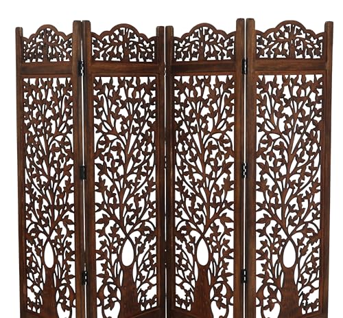 Room Divider Wooden Foldable Hand Carved Screens Panel_80" Wx72 H_4Panel (Burnt / 80"W x 72"H - Tree)