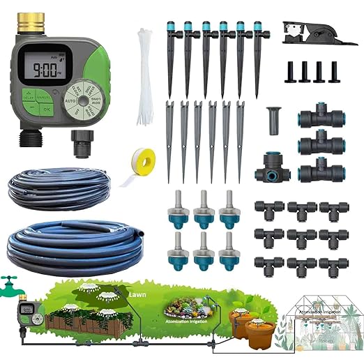 Drip Irrigation System with Water Timer Plug-in Quick Connection Drip Irrigation Kit 5/16“ID and 1/4 Inch Pipe Auto Watering System for Garden Spray, for Greenhouse, Garden, Lawn, Potted Plants