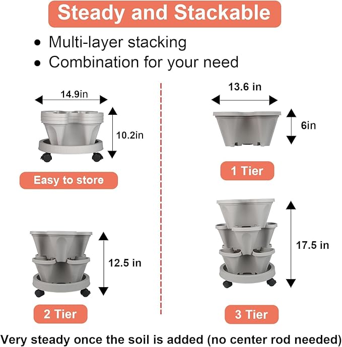 GameXcel Vertical Planter Tower- 3 Tier Stackable Garden Planter with Wheels and Tool Set – Grow Strawberries Herbs Flowers and Vegetables - Indoor Outdoor Use Gray
