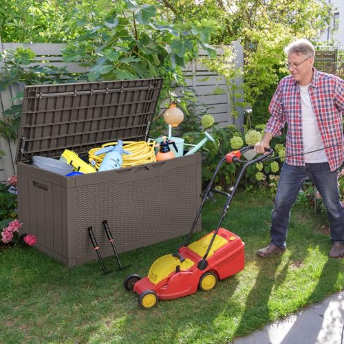100 Gallon Resin Deck Box Large Outdoor Storage with Cushions for Patio Furniture (Brown / 100 Gallon)