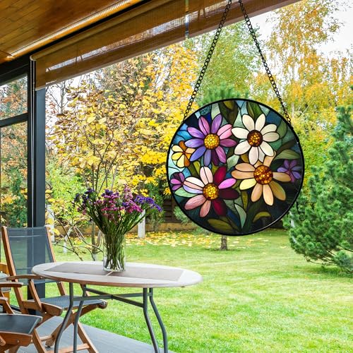 Colorful Garden Flowers Stained Glass Window Hanging Suncatcher Gifts 9.8" (Purple / 9.8x9.8 IN)