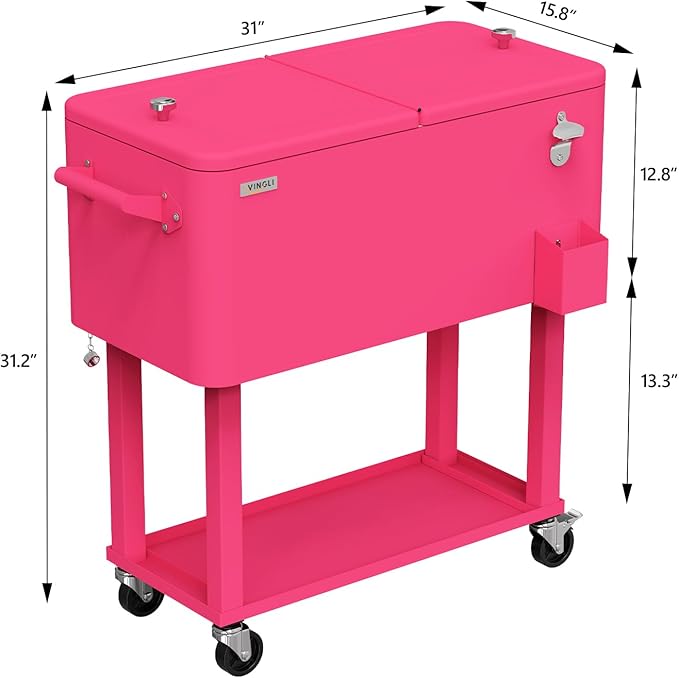 VINGLI 80 Quart Rolling Ice Chest, Portable Patio Party Bar Drink Cooler Cart, with Shelf, Beverage Pool with Bottle Opener