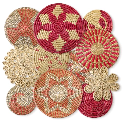 11 Pcs Boho Wall Basket Decor Woven Wall Hanging Art (Pink)