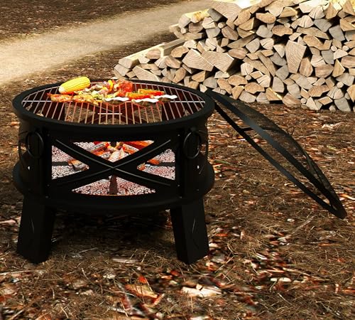 26in Steel Fire Pit with Chimney for Backyard Camping BBQ (Contemporary)