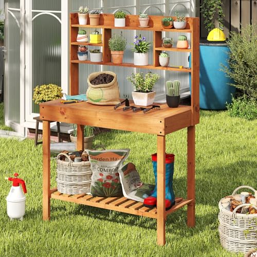 Wooden Potting Bench Table (Brown / 43" x 20" x 61")