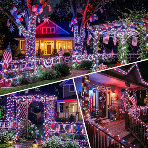 2pack 500LED Solar String Lights Outdoor Waterproof Red White Blue (Red White Blue / 2PK-500LED)