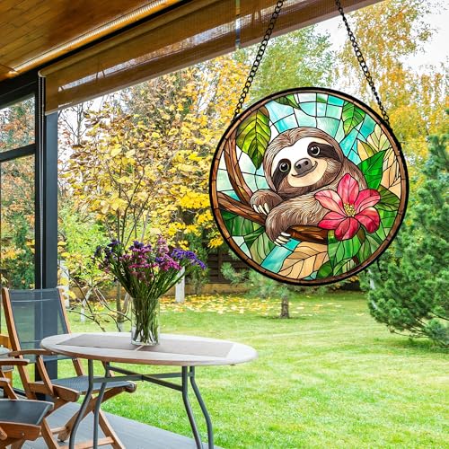 Stained Glass Window Hanging Sloth Flower Suncatcher Gifts for Women 6.3" (Green and Brown / 6.3x6.3 IN)