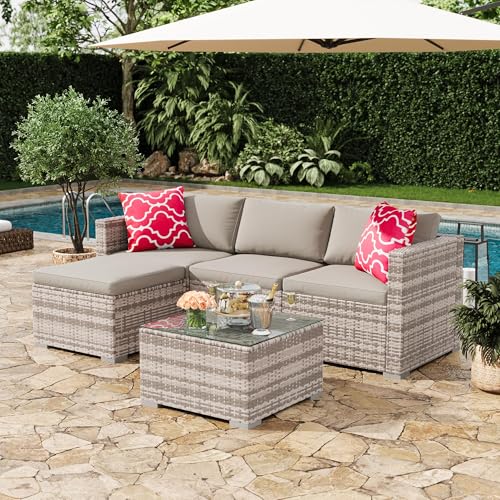 5-Piece All-Weather Patio Furniture Set, Convertible Outdoor Sectional Sofa with Ottoman & Tempered Glass Table, PE Rattan Conversation Set for Garden, Backyard, Porch, Poolside (Grey/Light Grey / 5 Pieces)