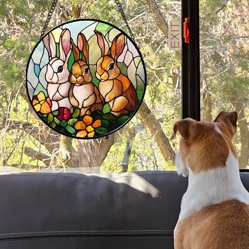 Bunny Rabbit Flowers Stained Glass Window Hanging Suncatcher Gifts 12" (Yellow-brown / 11.8x11.8 IN)
