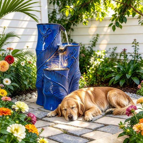 Autodaya 25" Tropical Outdoor Fountain (25.5"h Bamboo-style Cobalt Blue)